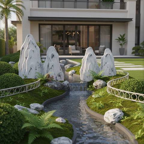 أحجار زخرفية للحديقة باللونين الأبيض والرمادي، مجموعة واحدة (أحجار فقط)