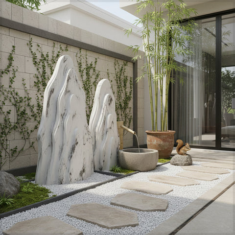 أحجار زخرفية للحديقة باللونين الأبيض والرمادي، مجموعة واحدة (أحجار فقط)