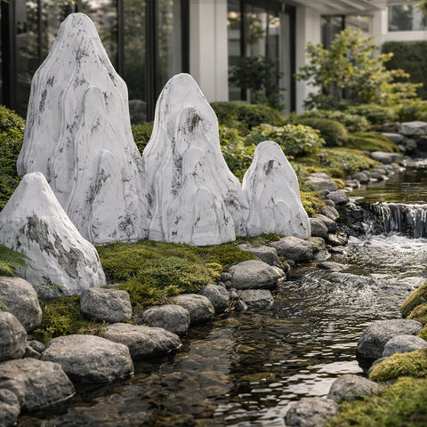أحجار زخرفية للحديقة باللونين الأبيض والرمادي، مجموعة واحدة (أحجار فقط)