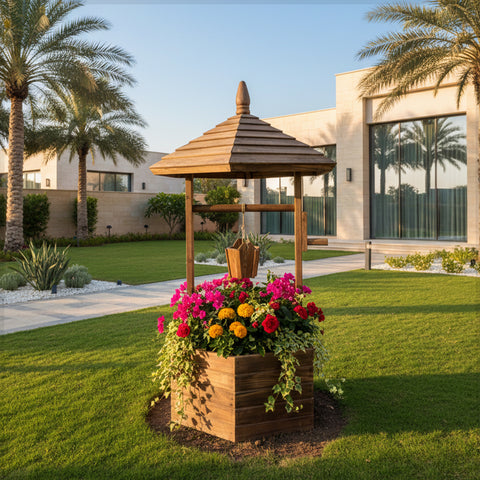 بئر أمنيات خشبي مزخرف لتزيين الفناء الخارجي والحديقة