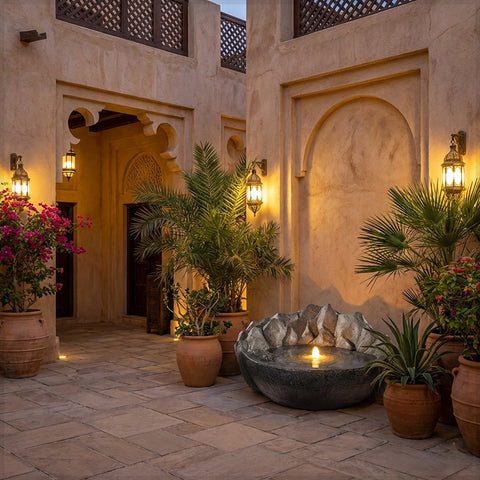 نافورة مياه حجرية جبلية ريفية مع أضواء