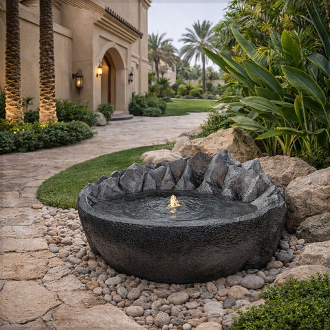 نافورة مياه حجرية جبلية ريفية مع أضواء