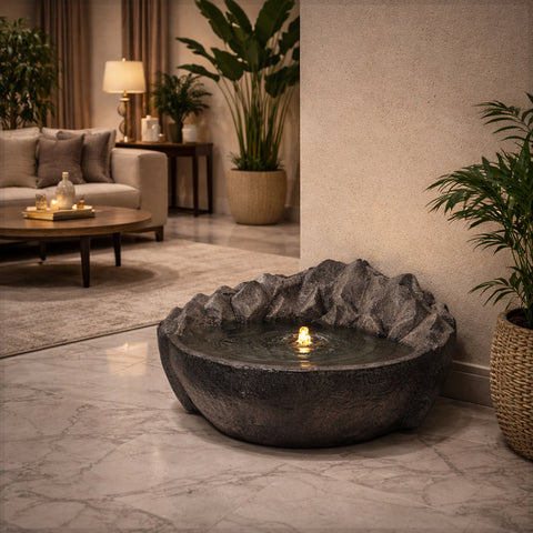 نافورة مياه حجرية جبلية ريفية مع أضواء