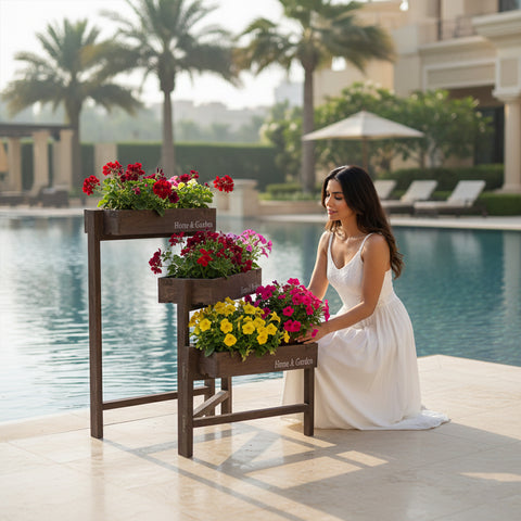 حامل نباتات من الخشب الصلب مستطيل الشكل مكون من 3 طبقات