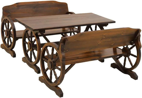 This set comfortably seats 4 people with 2 benches. Crafted with a timeless wagon wheel design.