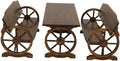 This set comfortably seats 4 people with 2 benches. Crafted with a timeless wagon wheel design.