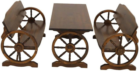 This set comfortably seats 4 people with 2 benches. Crafted with a timeless wagon wheel design.