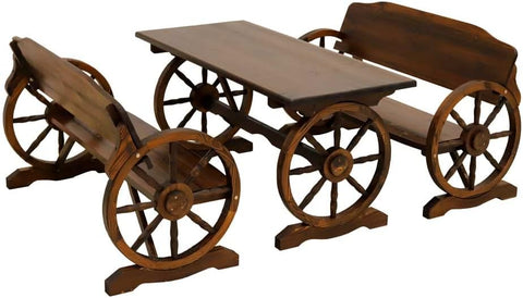 This set comfortably seats 4 people with 2 benches. Crafted with a timeless wagon wheel design.