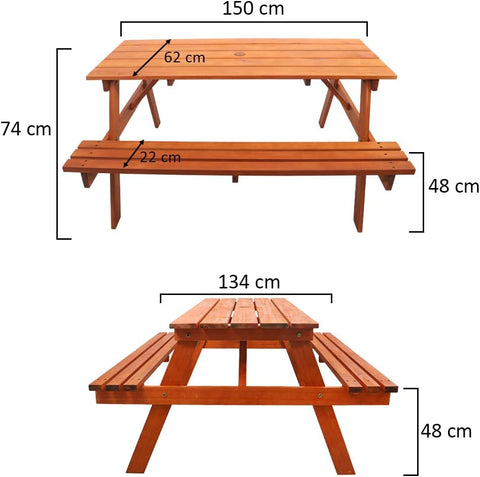 Introducing our Outdoor Wooden Table & Bench Set, complete with an umbrella hole for added convenience and comfort.