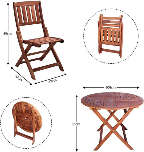 This 5-piece acacia wooden set includes a round patio bistro table and four chairs, perfect for outdoor dining. 