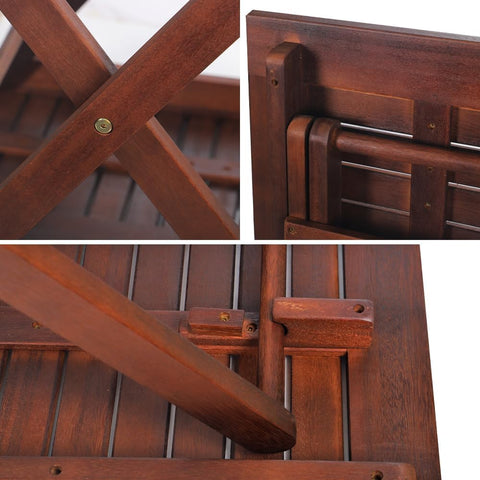 This wooden table and chair set features a square table and folding chairs, perfect for your patio, garden, bistro, balcony or room.