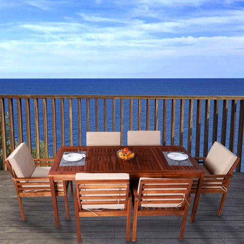 Upgrade your outdoor dining experience with our 7 Piece Solid Acacia Wood Slatted Outdoor Dining Set.