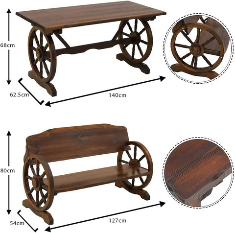 This set comfortably seats 4 people with 2 benches. Crafted with a timeless wagon wheel design.