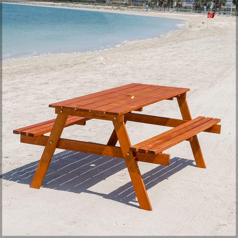 Introducing our Outdoor Wooden Table & Bench Set, complete with an umbrella hole for added convenience and comfort.