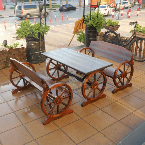This set comfortably seats 4 people with 2 benches. Crafted with a timeless wagon wheel design.