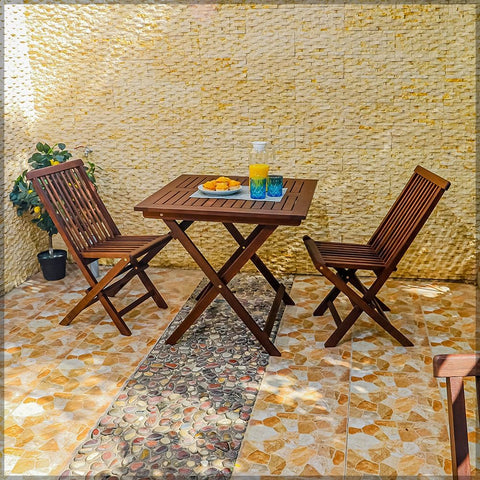 This wooden table and chair set features a square table and folding chairs, perfect for your patio, garden, bistro, balcony or room.