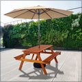 Introducing our Outdoor Wooden Table & Bench Set, complete with an umbrella hole for added convenience and comfort.