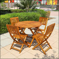 This 5-piece acacia wooden set includes a round patio bistro table and four chairs, perfect for outdoor dining. 