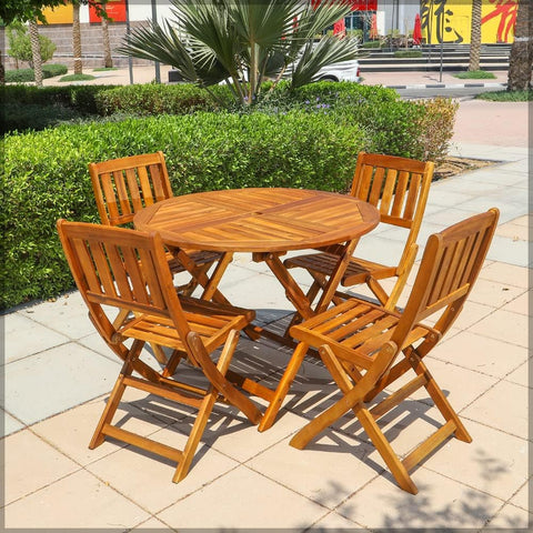 This 5-piece acacia wooden set includes a round patio bistro table and four chairs, perfect for outdoor dining. 