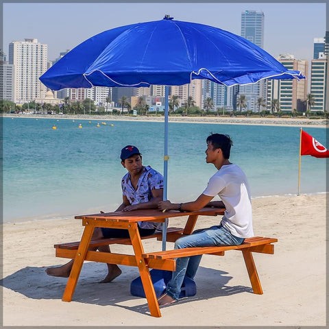 Introducing our Outdoor Wooden Table & Bench Set, complete with an umbrella hole for added convenience and comfort.