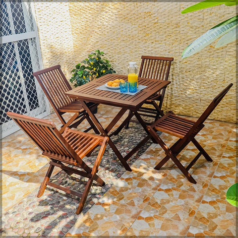Crafted from eucalyptus wood with oil finishing, this Wooden Table and Chair Set is perfect for outdoor dining. 