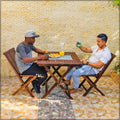 This wooden table and chair set features a square table and folding chairs, perfect for your patio, garden, bistro, balcony or room.