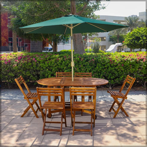 Expertly crafted with 100% acacia wood, this 7-piece patio set is perfect for outdoor gatherings. 