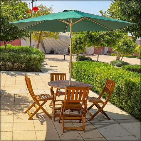 This 5-piece acacia wooden set includes a round patio bistro table and four chairs, perfect for outdoor dining. 